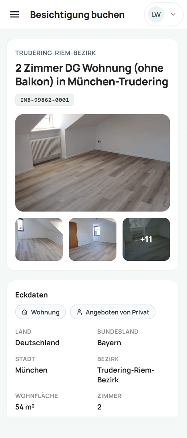 Immobi.Chat Plattform: Inseratsdetails einer Wohnung beim Buchen einer Besichtigung
