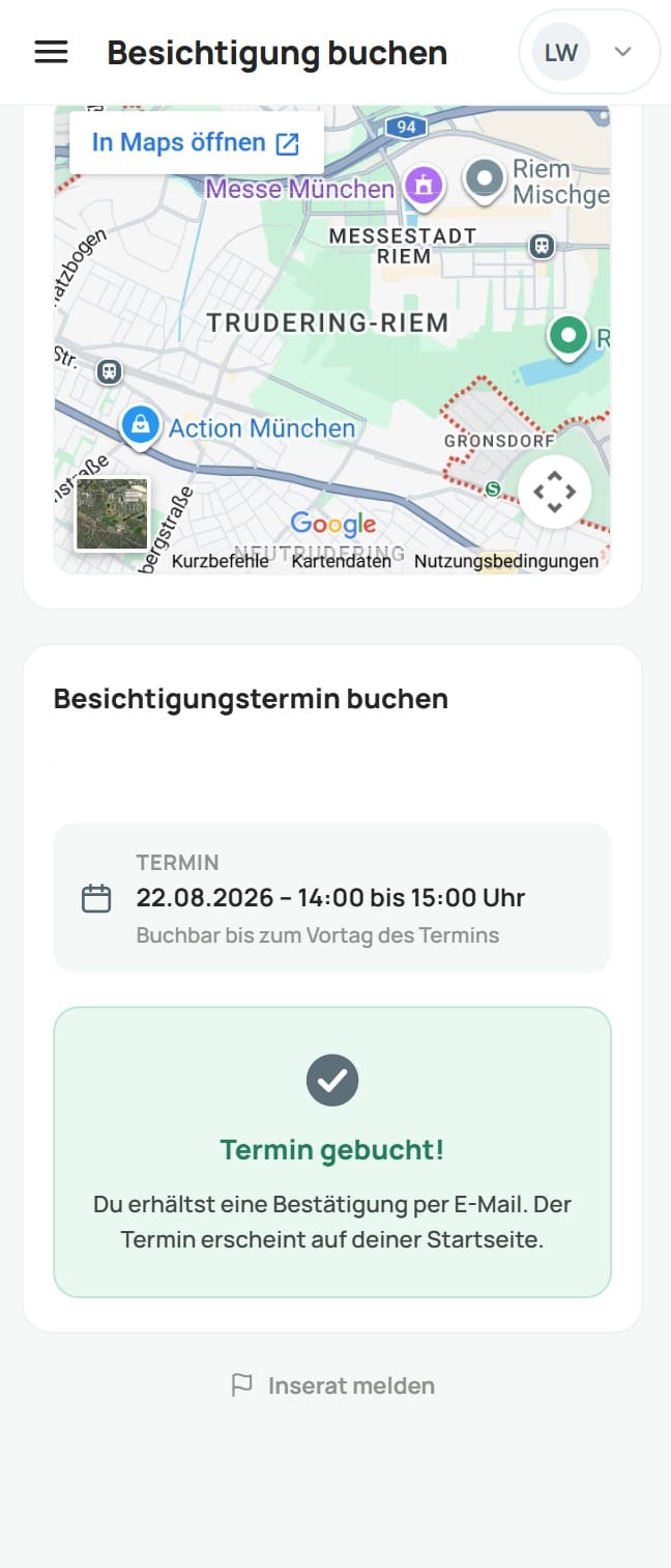 Immobi.Chat Plattform: Lage, Terminauswahl und Bestätigung beim Buchen einer Besichtigung