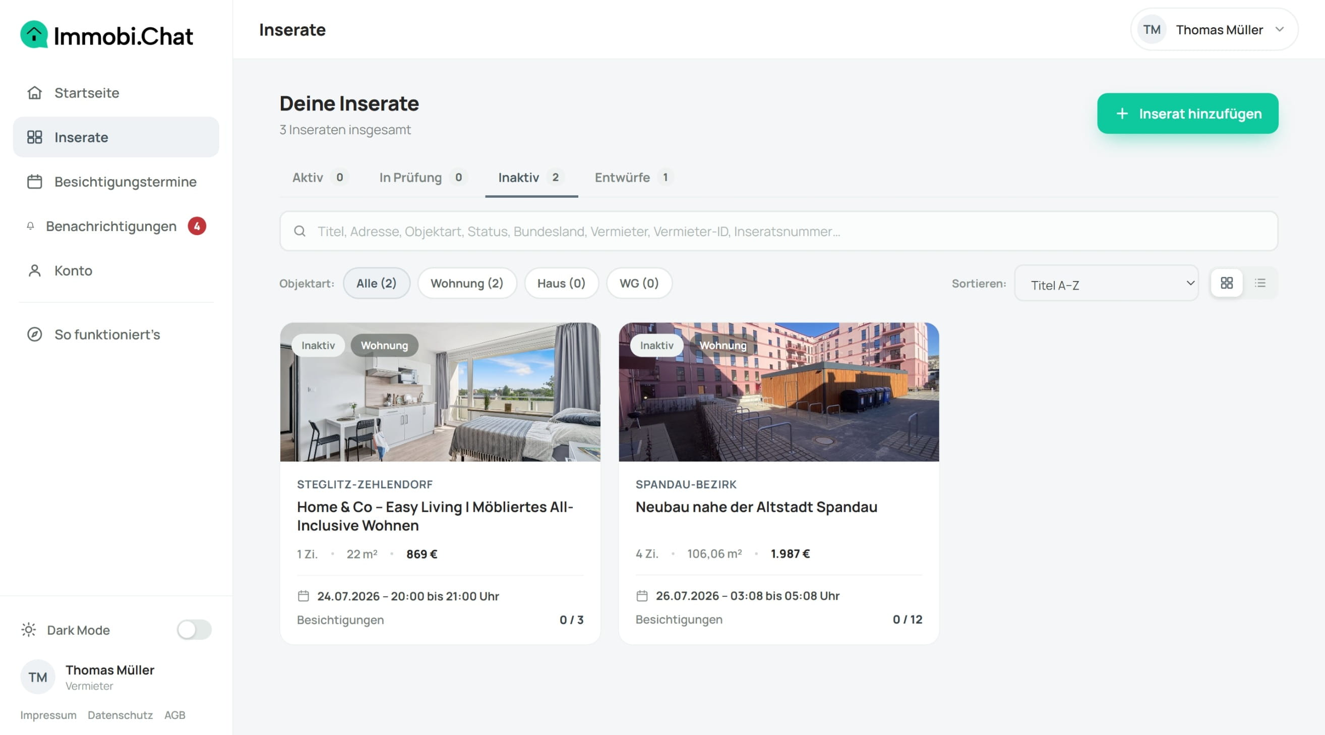 Immobi.Chat Portal: Übersicht der gebuchten Besichtigungstermine