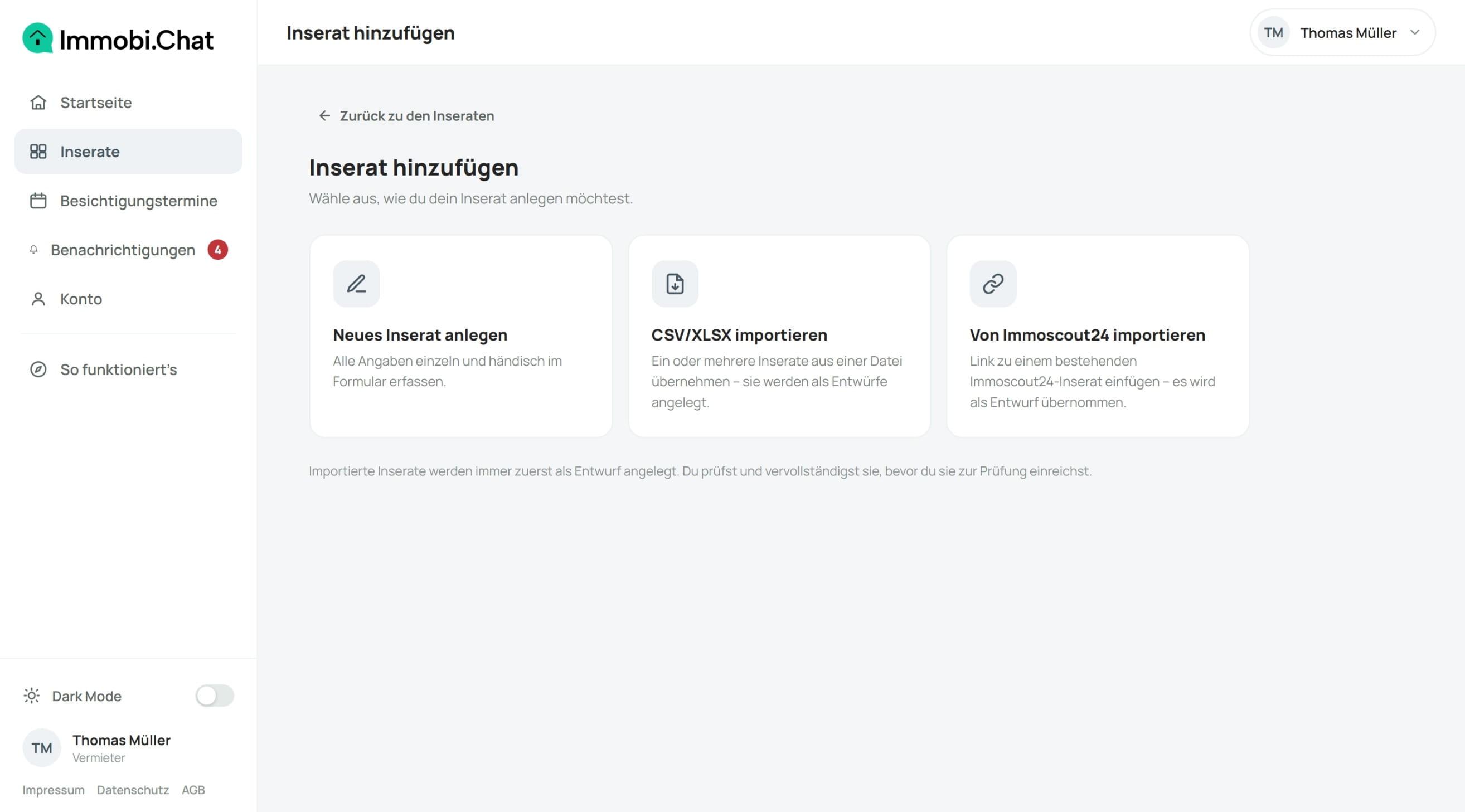 Immobi.Chat Plattform: Inserat für eine Mietwohnung anlegen
